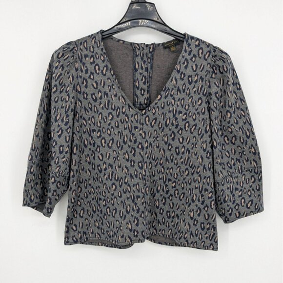 Anthropologie Current Air Knit Top Women Size M Leopard Print Puff Sleeve Twee - Picture 1 of 8